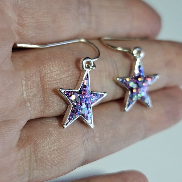 Silver Tone Dainty Pink Glitter Inlay Stars Dangling Earrings - Picture 3 of 11